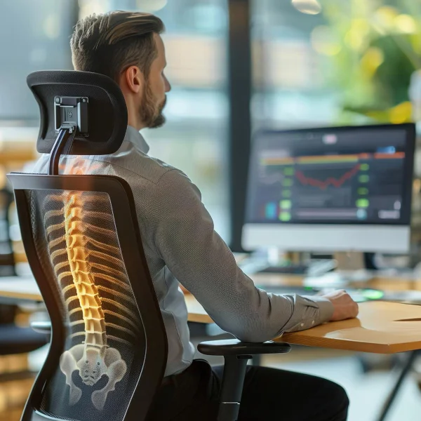 Un homme assis sur une chaise de bureau, vu de dos, mettant en évidence sa colonne vertébrale.