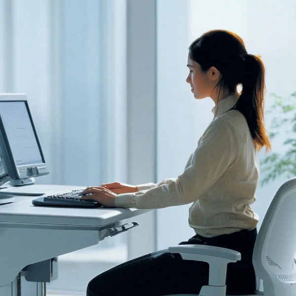 Une femme assise à un bureau en train d'utiliser un ordinateur.